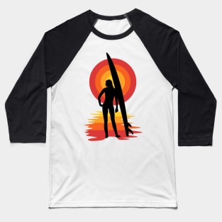 Surfer girl silhouette in front of sunset Baseball T-Shirt